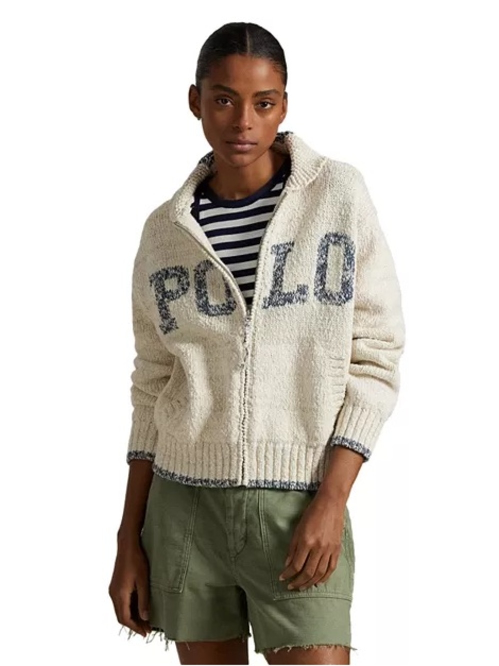 Polo by Ralph Lauren Cream Sherpa Zip Cardigan with Navy Logo